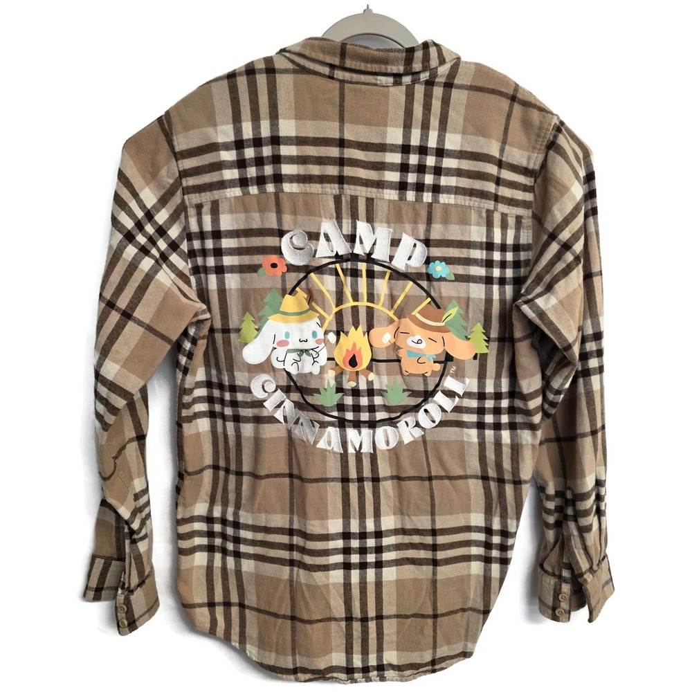 Cinnamoroll Mens Shirt Large Brown Plaid Flannel Embroidery Camp Outdoor Sanrio